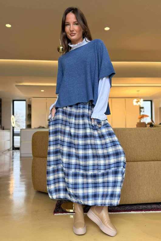 Roberta Plaid Brushed Cotton Balloon Hem Skirt Highland Blue